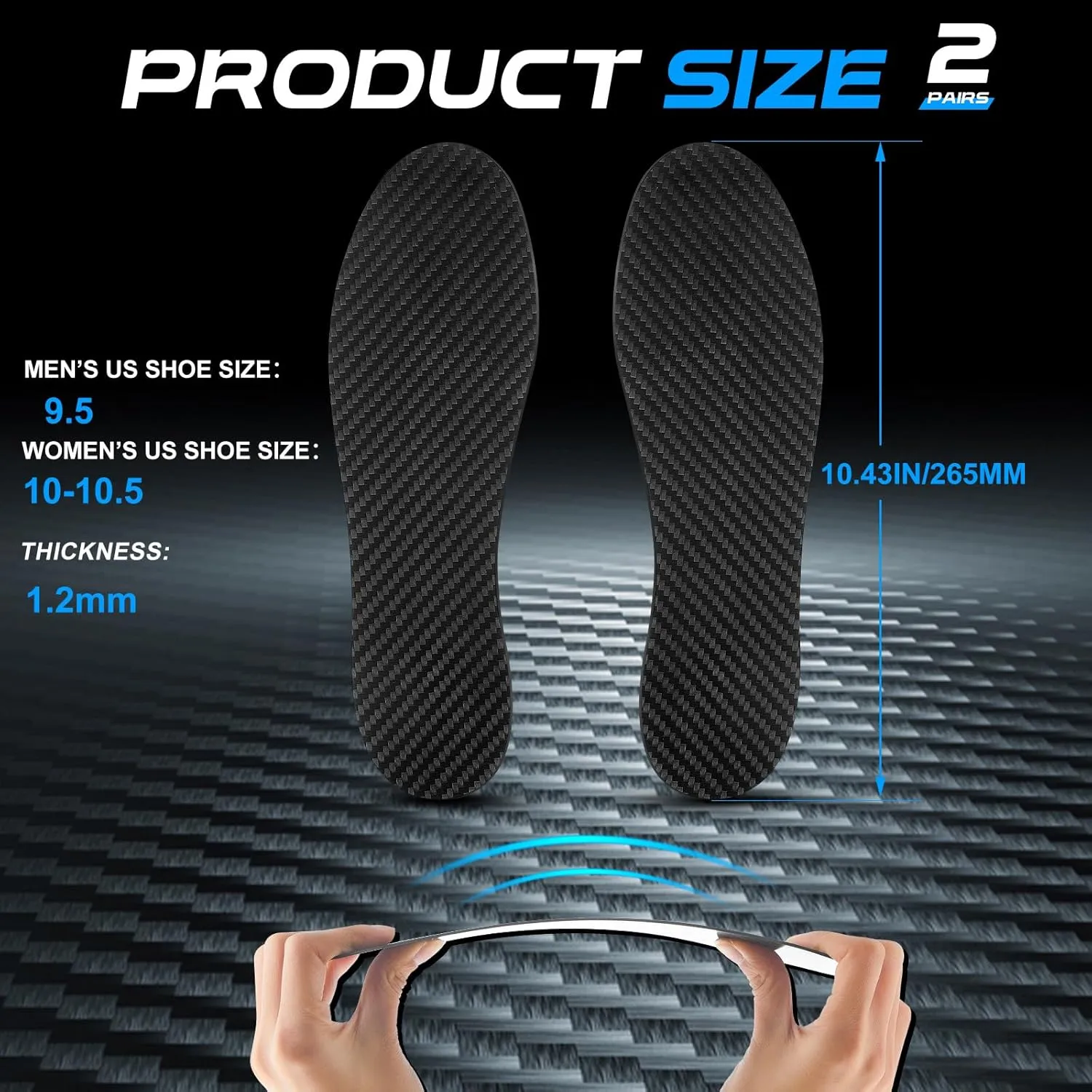2 Pairs Carbon Fiber Insole for Men Women Carbon Fiber Footplate Rigid Shoes Insert for Hallux Rigidus Arthritic Toe Pain Relief Sports Trekking (10.43"-265mm-men's 9.5/Women's 10-10.5)