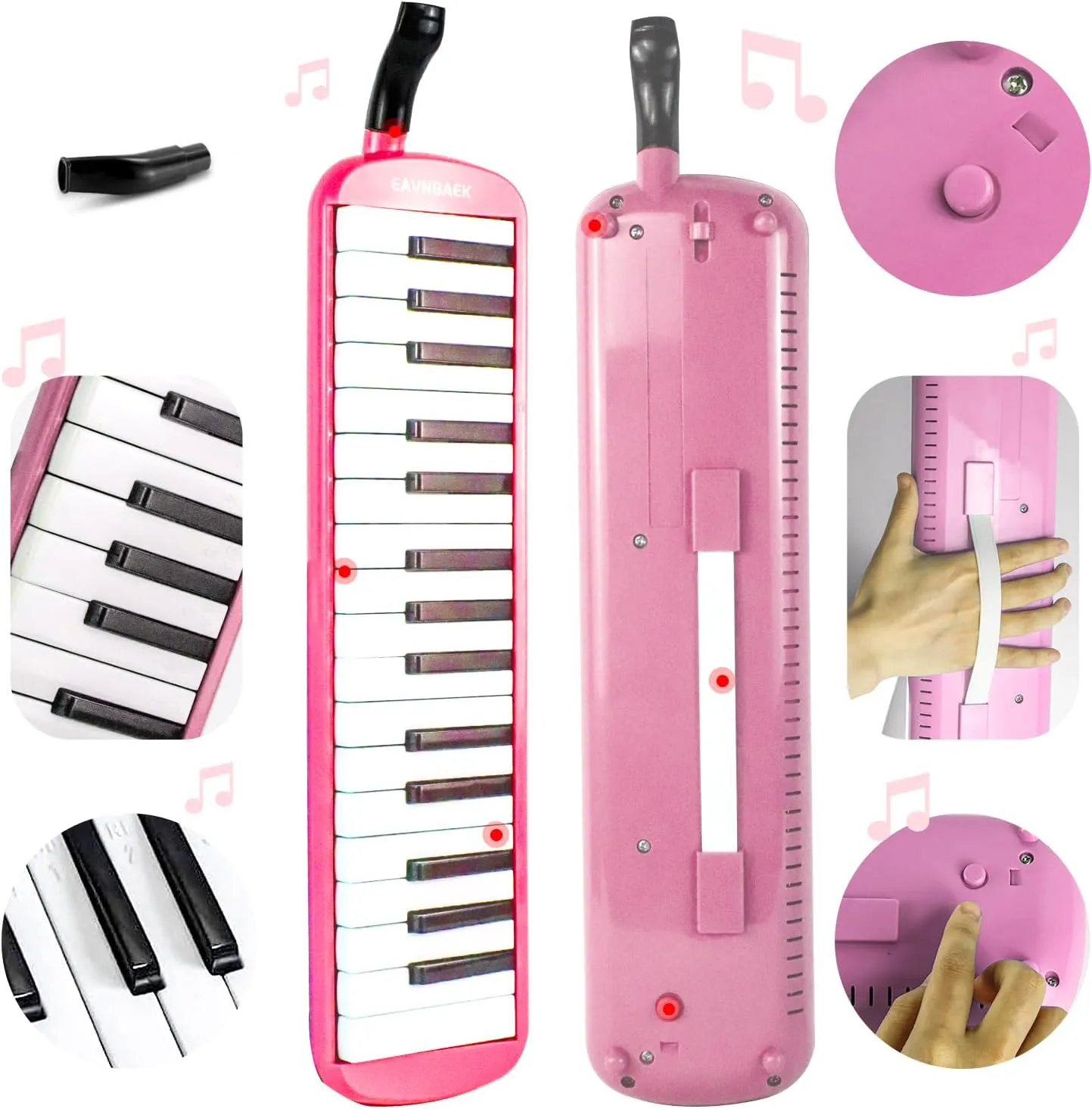 37 Keys Melodica Instrument, Soprano Melodica Air Piano Keyboard Pianica with 2 Soft Long Tubes, 2 Short Mouthpieces and Carrying Bag (Pink)