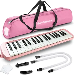 37 Keys Melodica Instrument, Soprano Melodica Air Piano Keyboard Pianica with 2 Soft Long Tubes, 2 Short Mouthpieces and Carrying Bag (Pink)