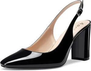 Aachcol Women Slingback Chunky Block High Heel Pumps Square Toe Ankle Strap Dress Shoes Party Office Wedding 3.5 Inch