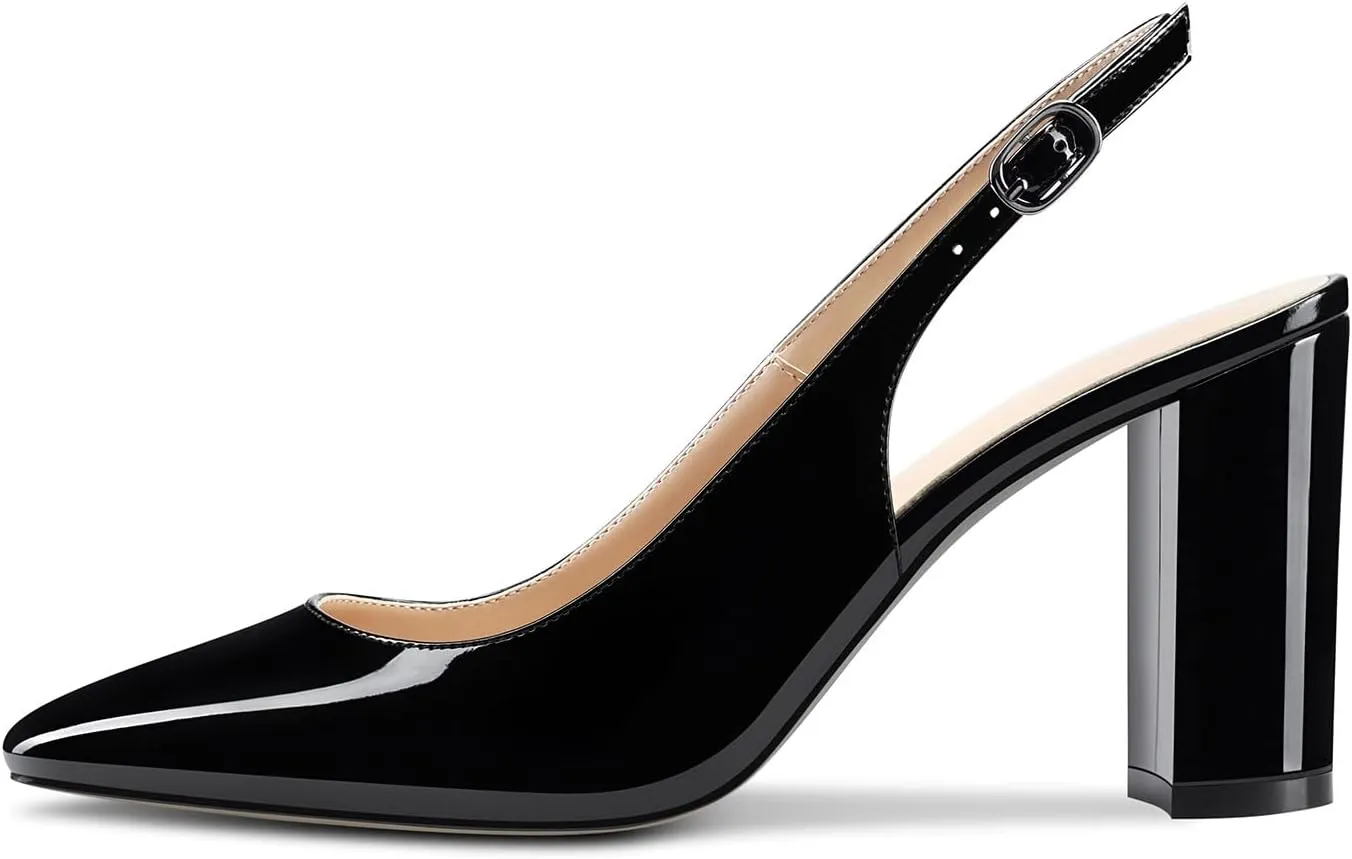 Aachcol Women Slingback Chunky Block High Heel Pumps Square Toe Ankle Strap Dress Shoes Party Office Wedding 3.5 Inch