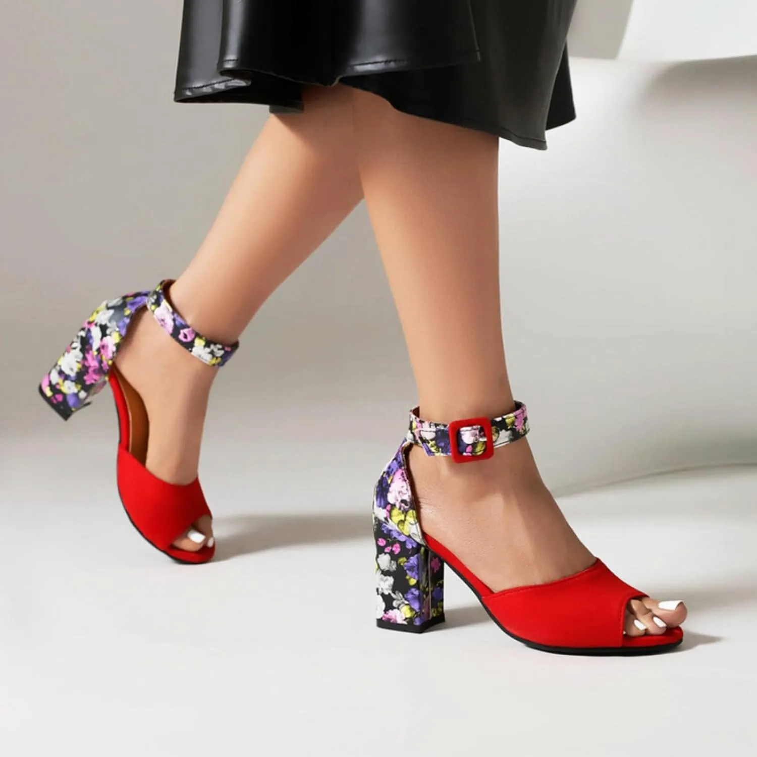 Aflngle Women's Floral Pattern Open Peep Toe Chunky Block High Heels Sandals Comfortable Suede Ankle Strap Buckle Wedding Party Evening Dress Pumps Shoes