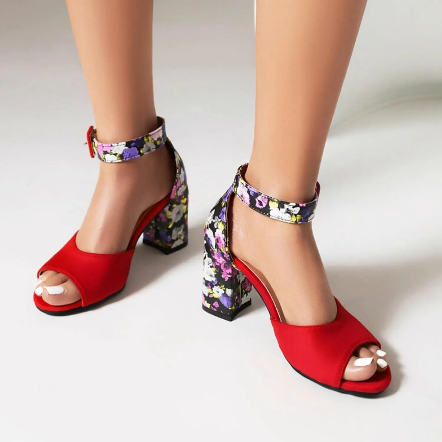 Aflngle Women's Floral Pattern Open Peep Toe Chunky Block High Heels Sandals Comfortable Suede Ankle Strap Buckle Wedding Party Evening Dress Pumps Shoes