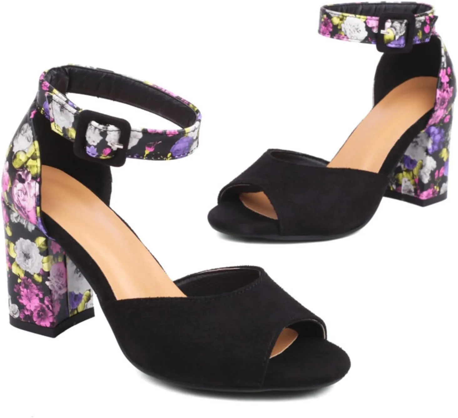 Aflngle Women's Floral Pattern Open Peep Toe Chunky Block High Heels Sandals Comfortable Suede Ankle Strap Buckle Wedding Party Evening Dress Pumps Shoes