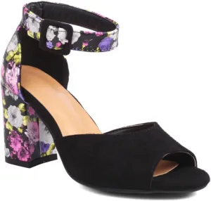 Aflngle Women's Floral Pattern Open Peep Toe Chunky Block High Heels Sandals Comfortable Suede Ankle Strap Buckle Wedding Party Evening Dress Pumps Shoes