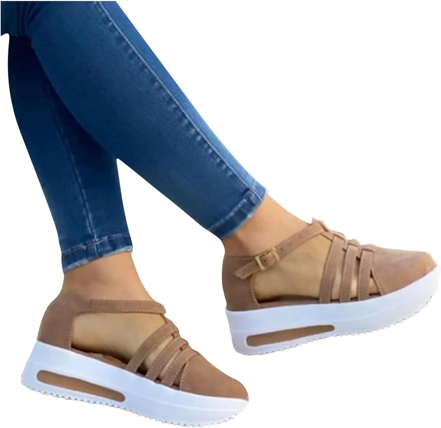 Aniywn Womens Summer Closed Toe Platform Sandal Shoes Casual Hollow Ankle Straps Shoes Slip On Soft Shoes
