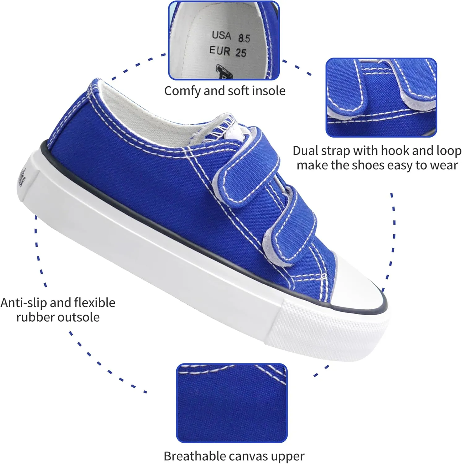 ANTLULU Boys and Girls Canvas Shoes Dual Adjustable Hook and Loop Classic Low Top Kids Sneakers