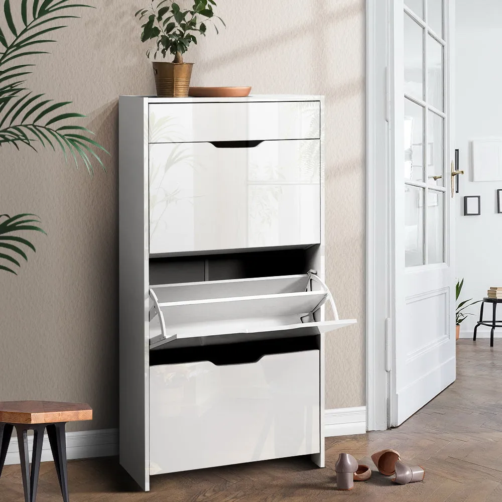 Artiss Shoe Cabinet 3 Tier Shoes Storage Drawer High Gloss White Rack Shelf