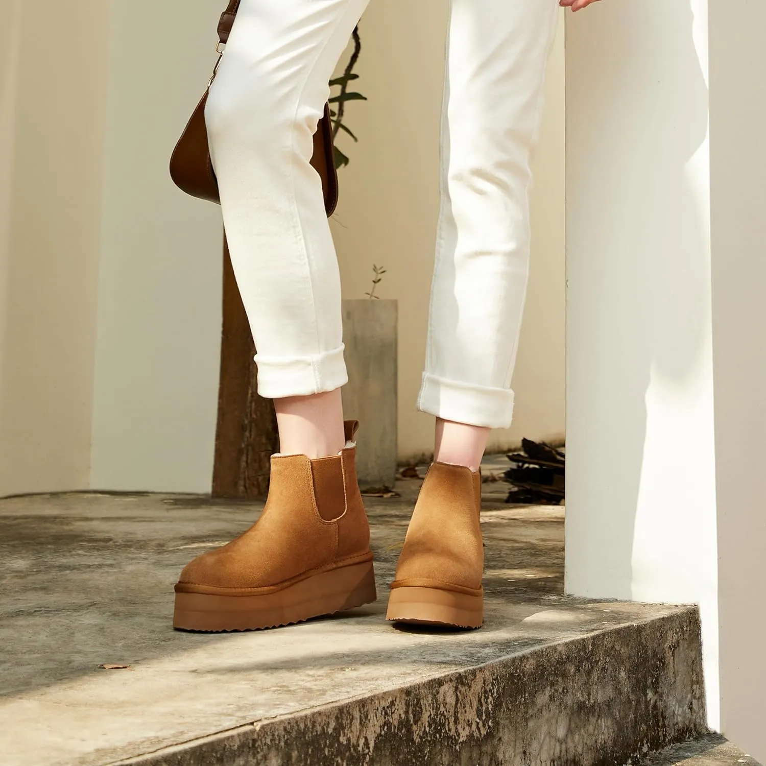 Athlefit Women's Classic Platform Chelsea Boots Winter Warm Fur Lined Anti-Slip Short Ankle Snow Boots
