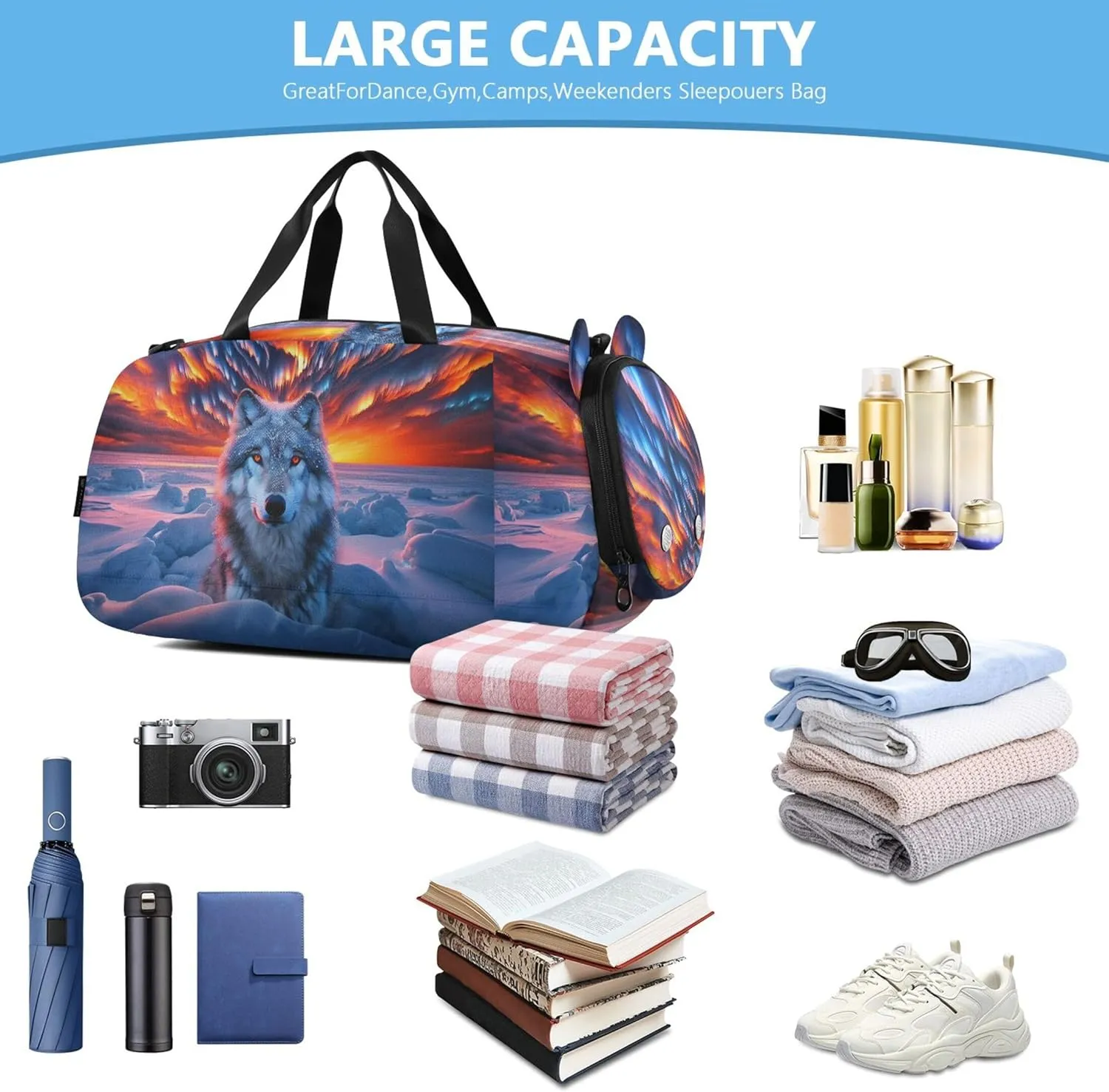 Aurora and Wolf Girls Tote Duffle Bags Travel Weekender Overnight Boys Carry on Duffel Kids Duffle Bag