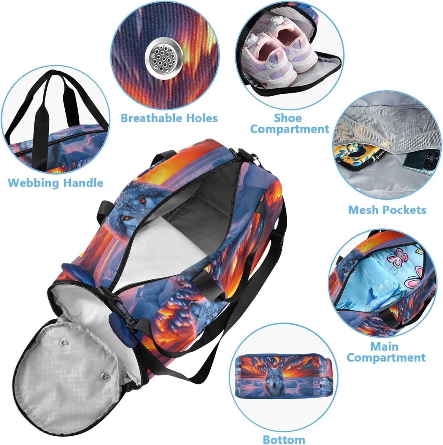 Aurora and Wolf Girls Tote Duffle Bags Travel Weekender Overnight Boys Carry on Duffel Kids Duffle Bag