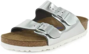 Birkenstock Women's Arizona Soft Footbed Sandals, Metallic Silver, 10-10.5 Narrow Women/8-8.5 Narrow Men