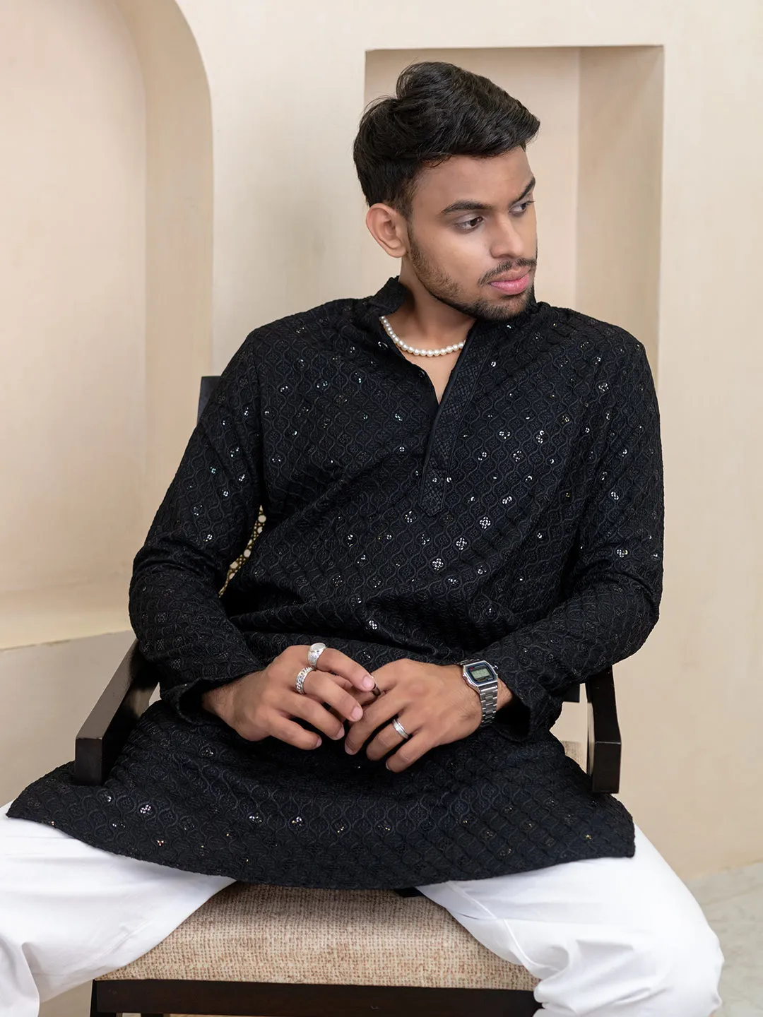 Black Chikankari Embroidered Cotton Men's Kurta
