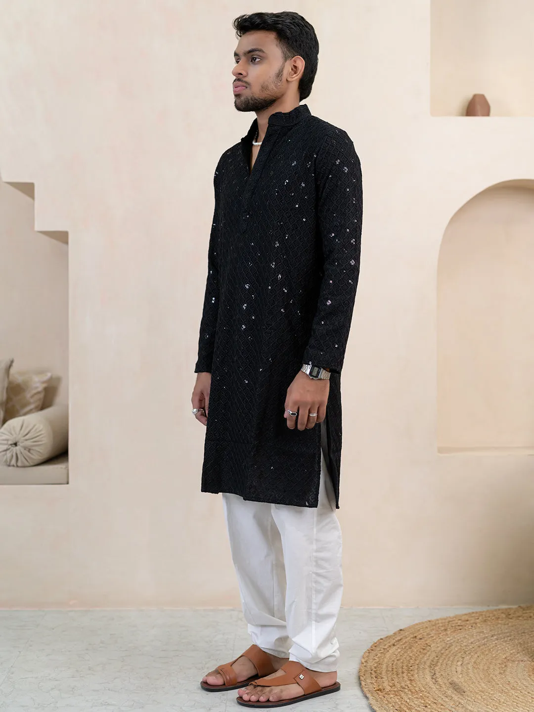 Black Chikankari Embroidered Cotton Men's Kurta