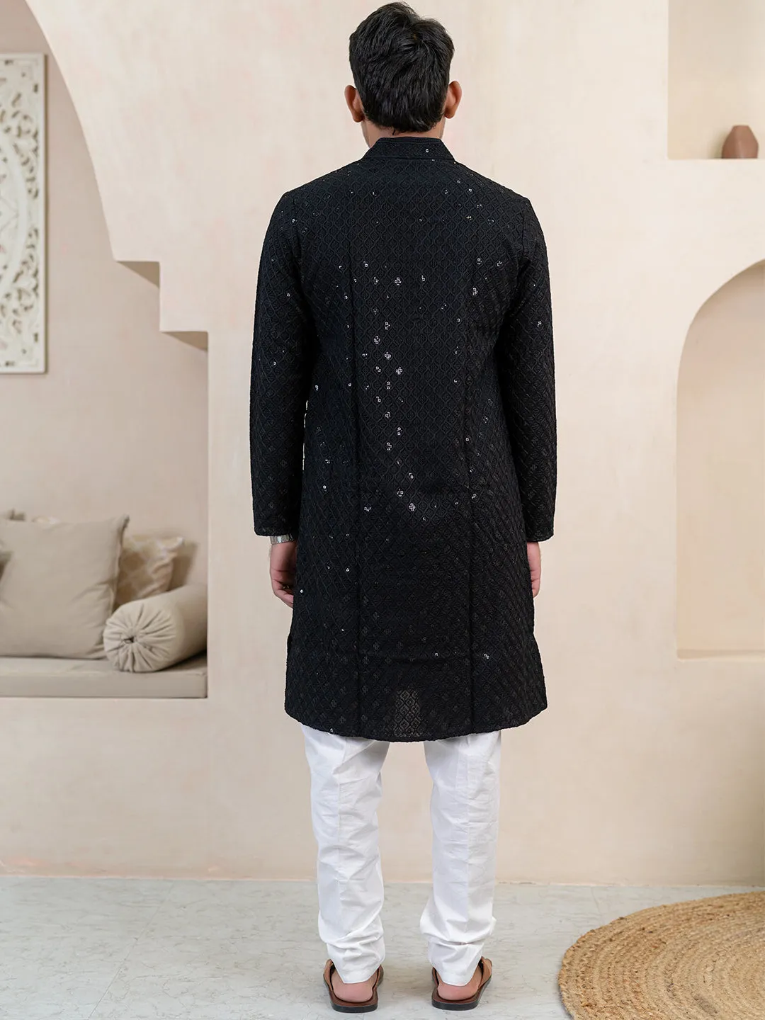 Black Chikankari Embroidered Cotton Men's Kurta