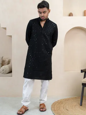 Black Chikankari Embroidered Cotton Men's Kurta