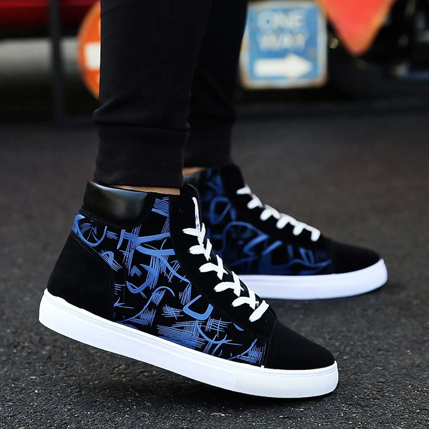 BORAMAX Mens Walking Shoes Slip On High Tops Graffiti Flat Sneaker Men's High Top Non Slip Canvas Tennis Shoes