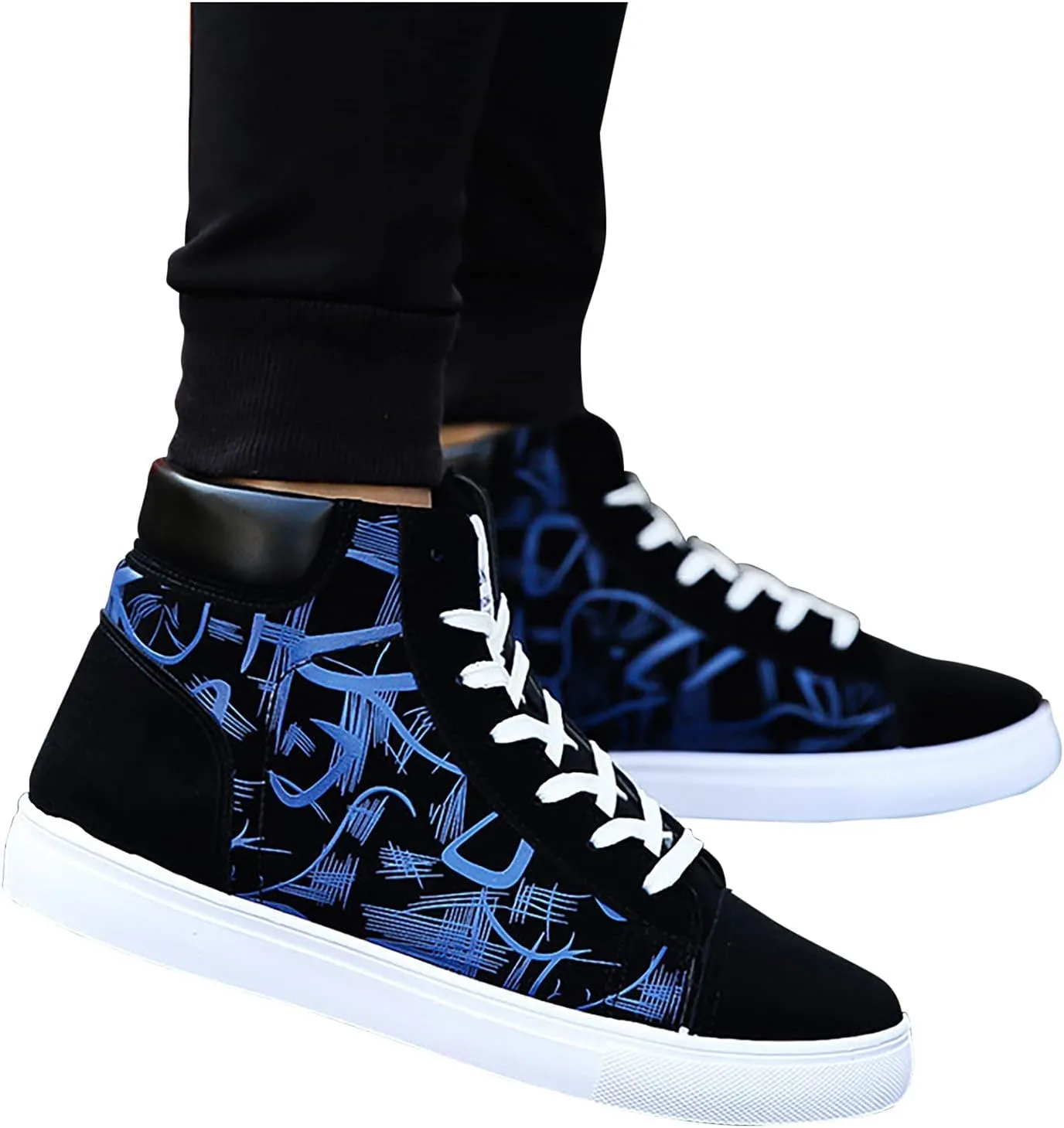 BORAMAX Mens Walking Shoes Slip On High Tops Graffiti Flat Sneaker Men's High Top Non Slip Canvas Tennis Shoes