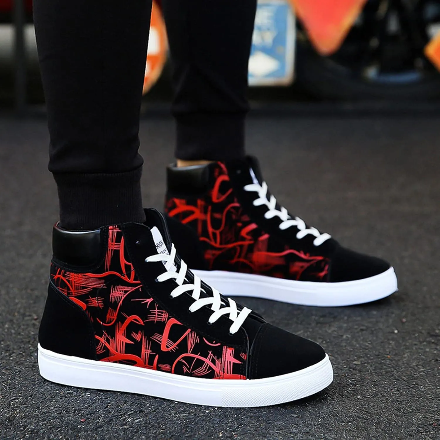 BORAMAX Mens Walking Shoes Slip On High Tops Graffiti Flat Sneaker Men's High Top Non Slip Canvas Tennis Shoes