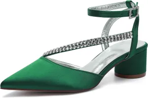 Bridal Shoes Low Heel Rhinestones Satin Strappy Wedding Shoes 4.5CM Pointed Closed Toe Women Party Ankle Strap Sandals Pumps for Prom,Dark green,6