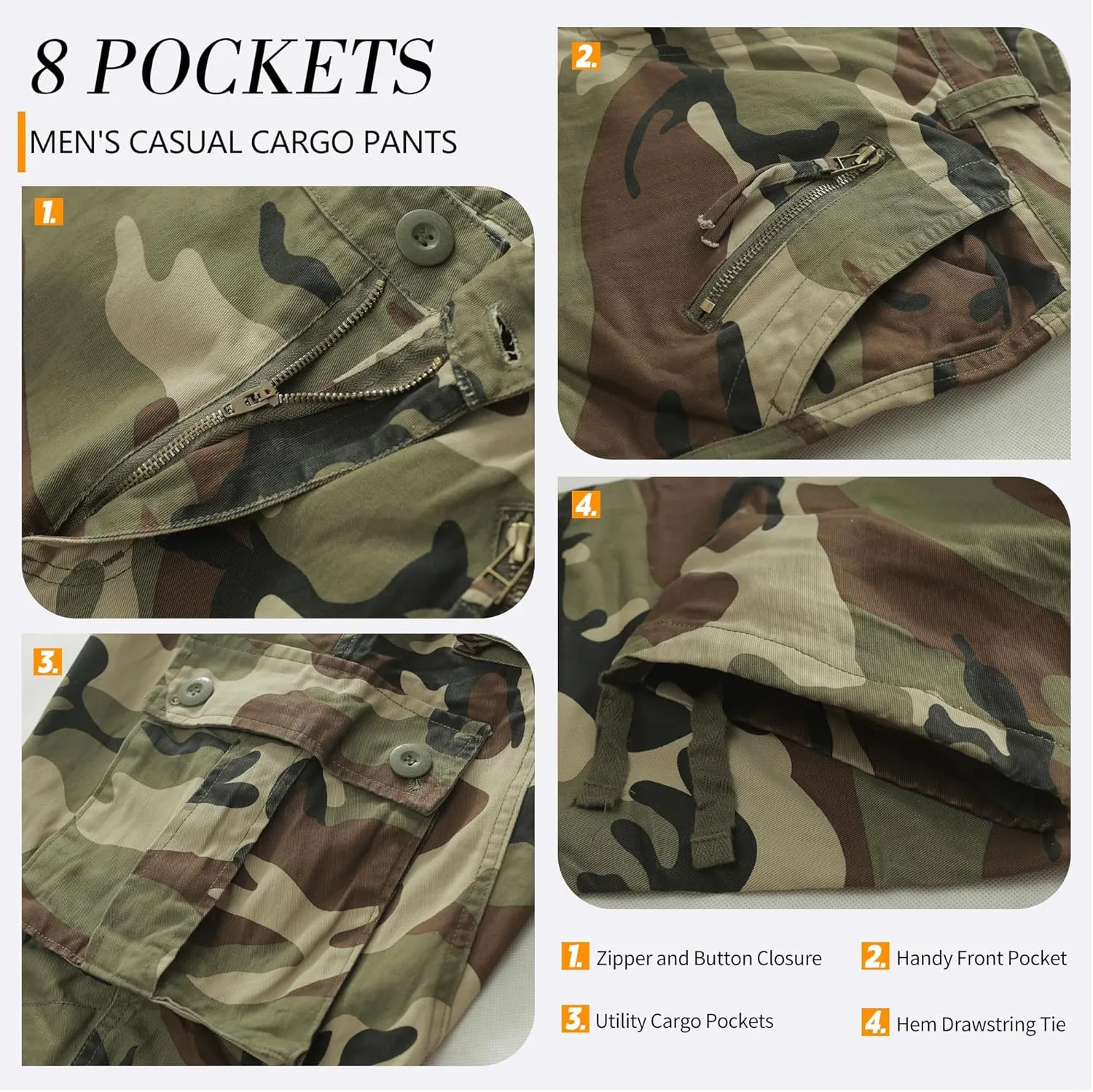 Cargo Pants for Men, Camo Pants Relaxed Fit Utility Hiking Pants, Ripstop Work Pants with 8 Pockets