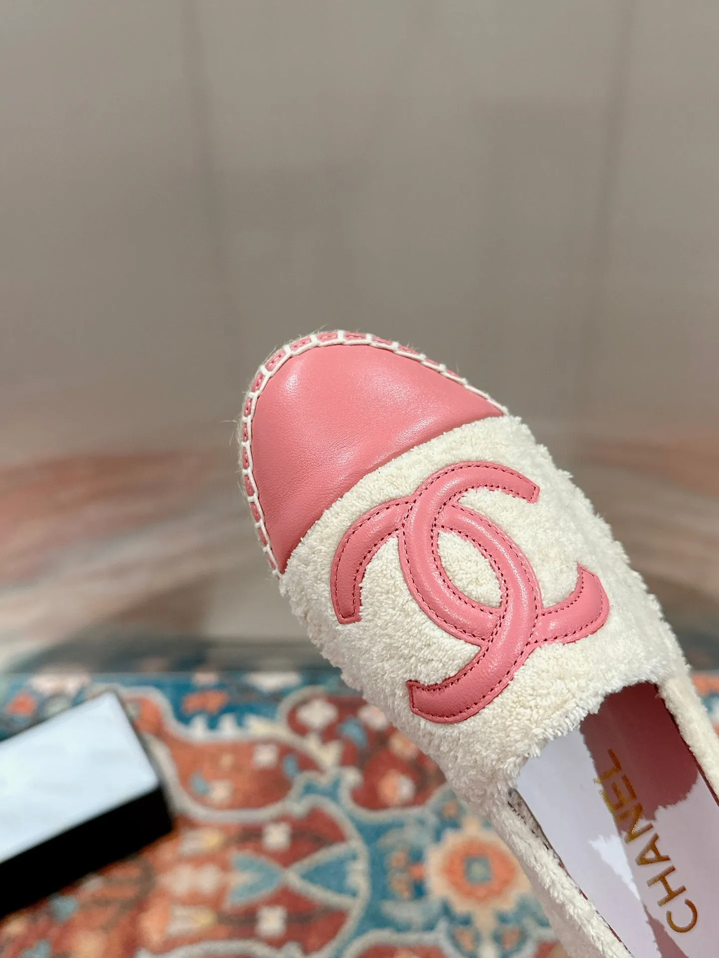 cc espadrilles beige fleece fabric pink calfskin
