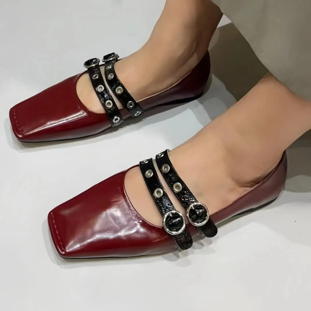 Chic and Elegant Square - Toe Slip on Flats for Women with Double - Buckle Rivet Design Comfortable Casual Dressy Shoes