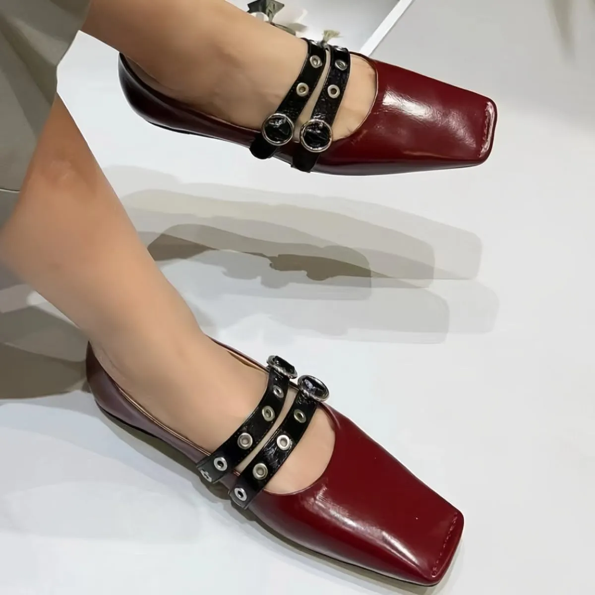 Chic and Elegant Square - Toe Slip on Flats for Women with Double - Buckle Rivet Design Comfortable Casual Dressy Shoes