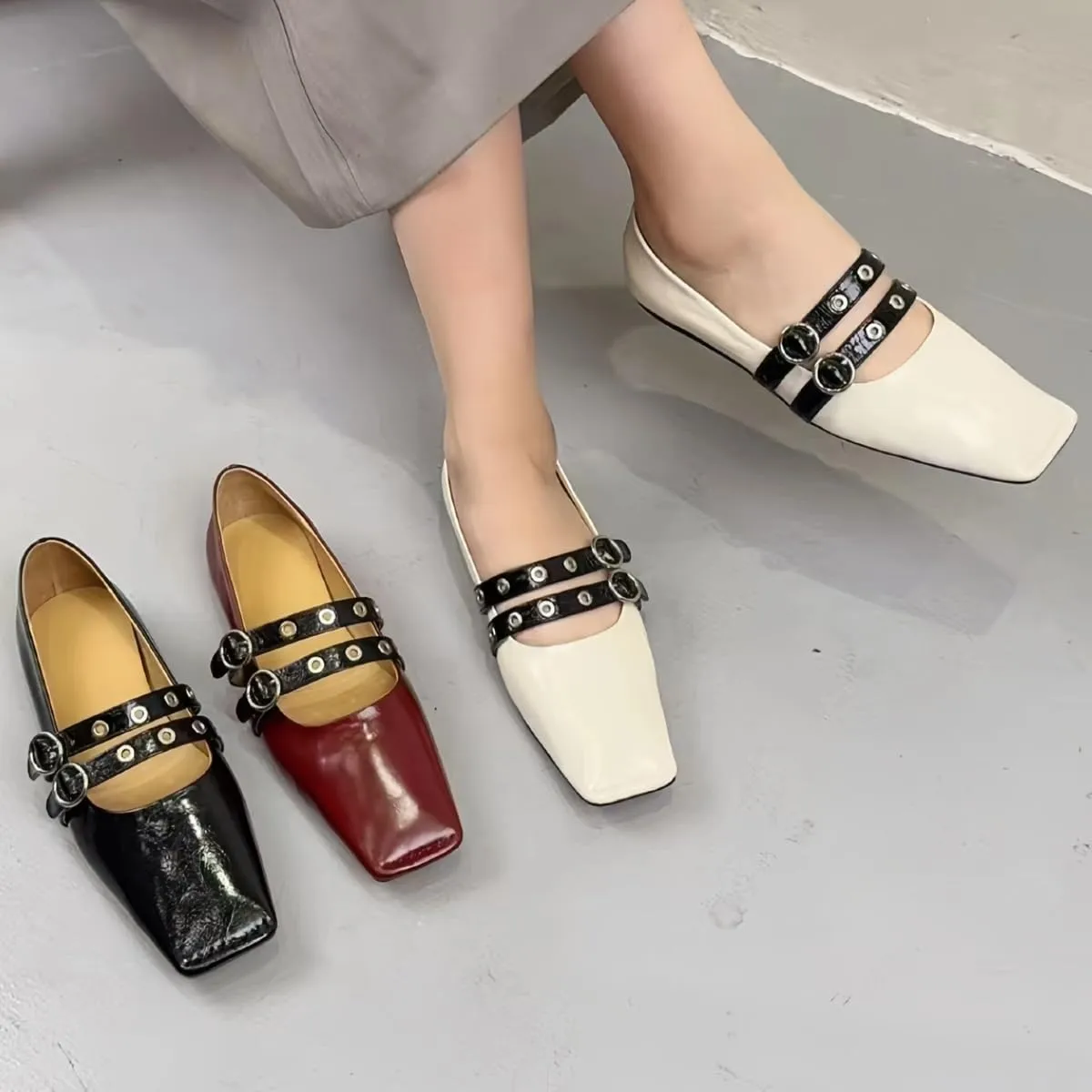 Chic and Elegant Square - Toe Slip on Flats for Women with Double - Buckle Rivet Design Comfortable Casual Dressy Shoes