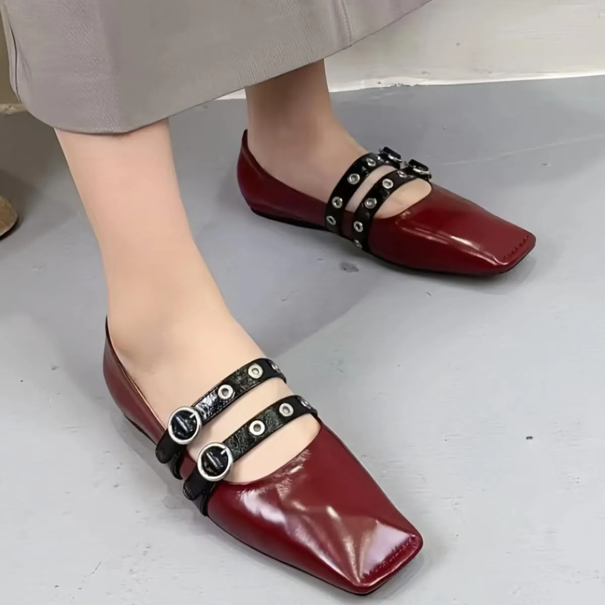 Chic and Elegant Square - Toe Slip on Flats for Women with Double - Buckle Rivet Design Comfortable Casual Dressy Shoes