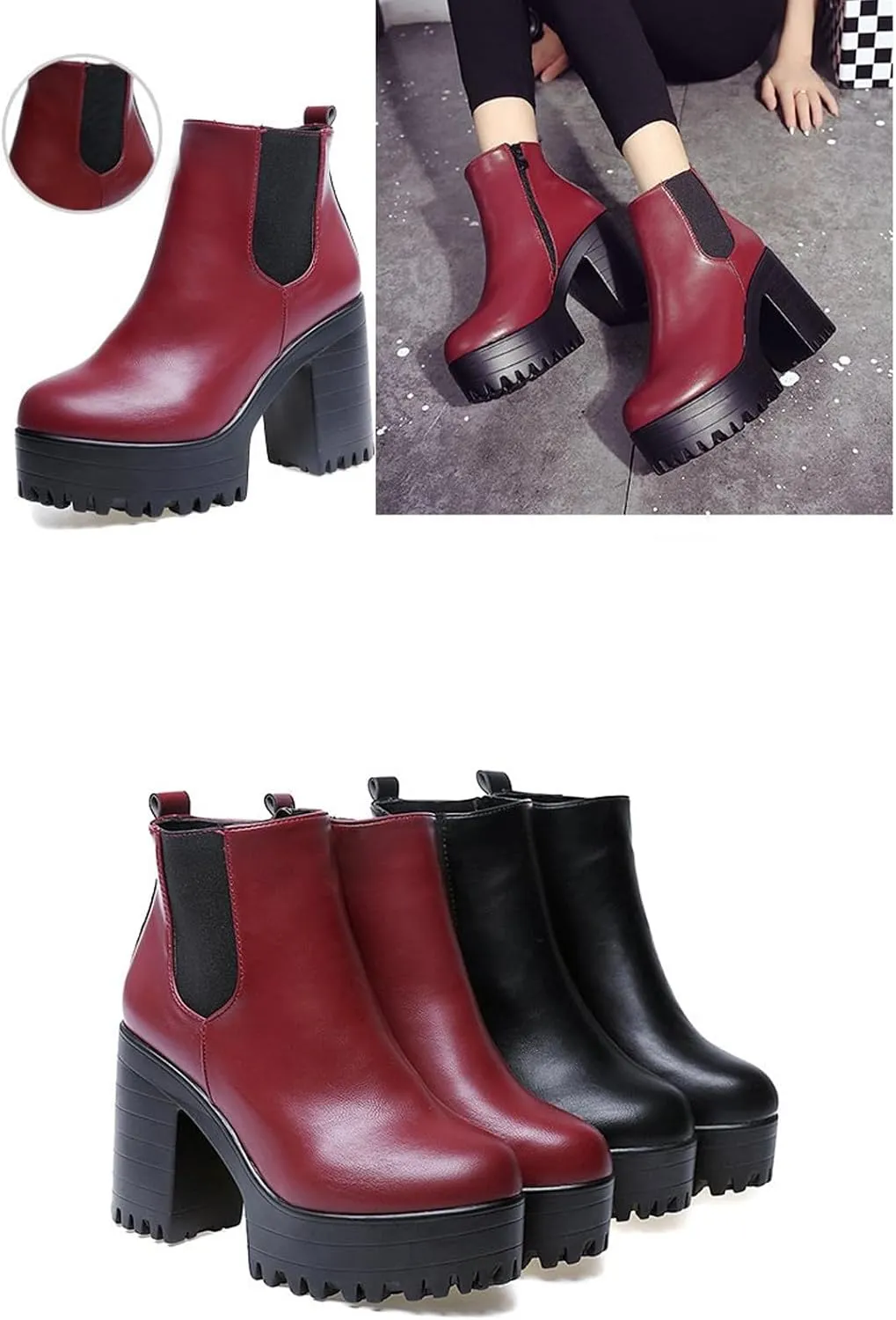 Chunky Block Chelsea Booties Trendy Winter High Block Heel Platform Ankle Boots Side Zipper Slip on Lug Sole Boots