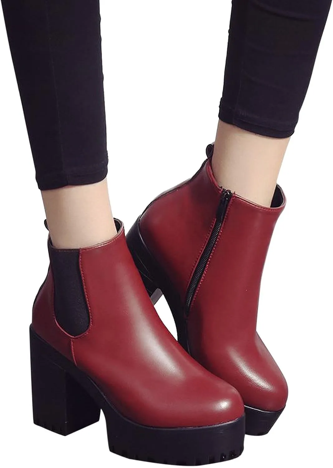 Chunky Block Chelsea Booties Trendy Winter High Block Heel Platform Ankle Boots Side Zipper Slip on Lug Sole Boots