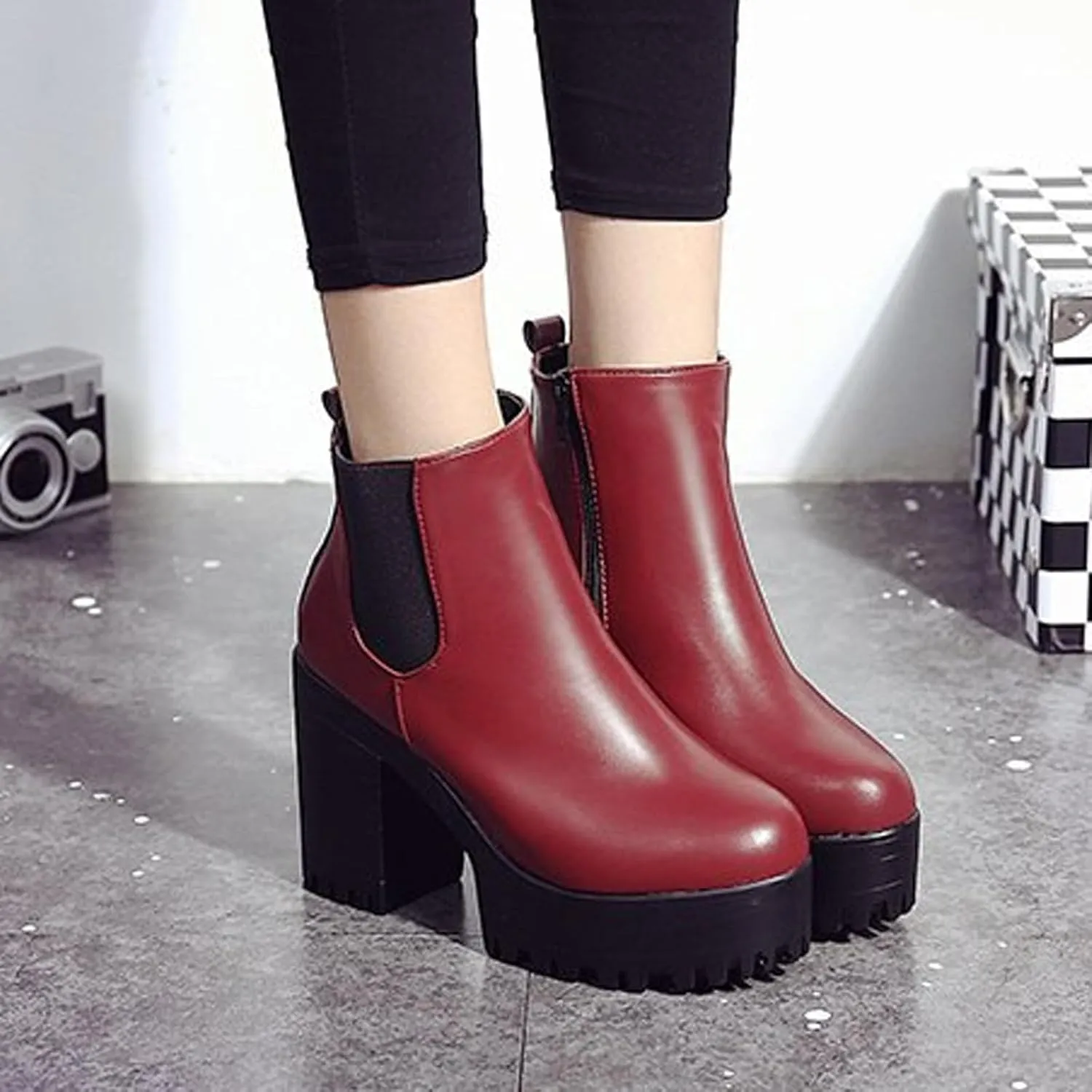 Chunky Block Chelsea Booties Trendy Winter High Block Heel Platform Ankle Boots Side Zipper Slip on Lug Sole Boots