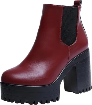 Chunky Block Chelsea Booties Trendy Winter High Block Heel Platform Ankle Boots Side Zipper Slip on Lug Sole Boots