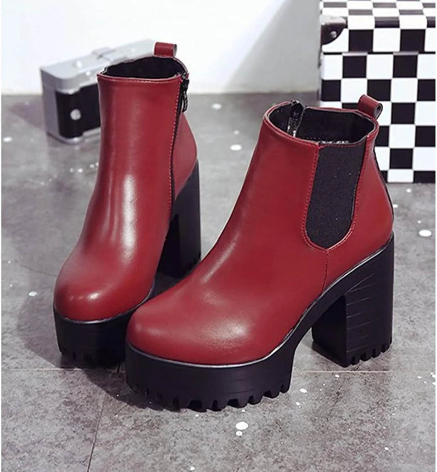Chunky Block Chelsea Booties Trendy Winter High Block Heel Platform Ankle Boots Side Zipper Slip on Lug Sole Boots