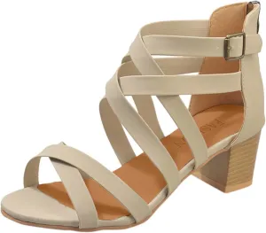 Chunky Heels Sandals for Women Summer Fashion Strappy Back Zipper Block High Heel Shoes Dressy Casual Ankle Straps Buckle Ladies Stacked Heel Shoes