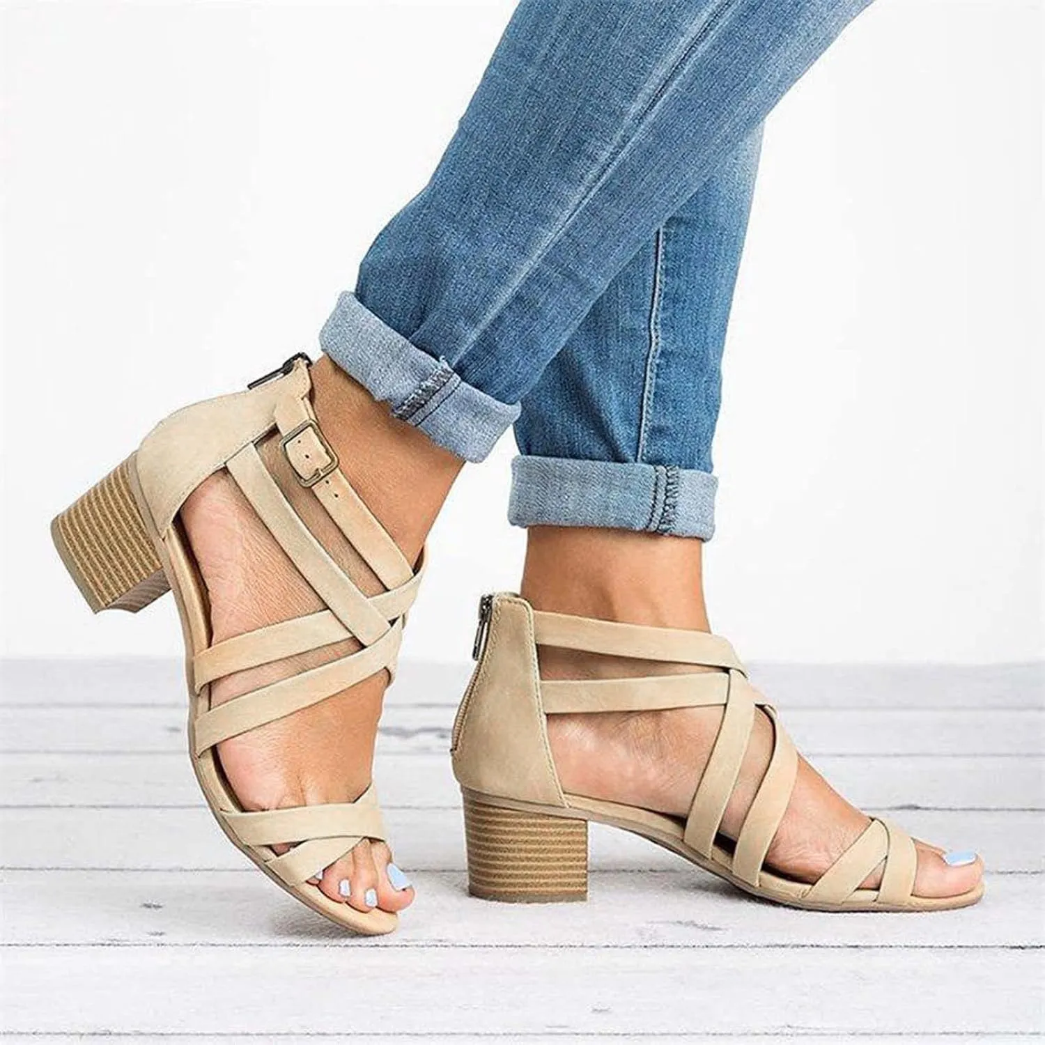 Chunky Heels Sandals for Women Summer Fashion Strappy Back Zipper Block High Heel Shoes Dressy Casual Ankle Straps Buckle Ladies Stacked Heel Shoes