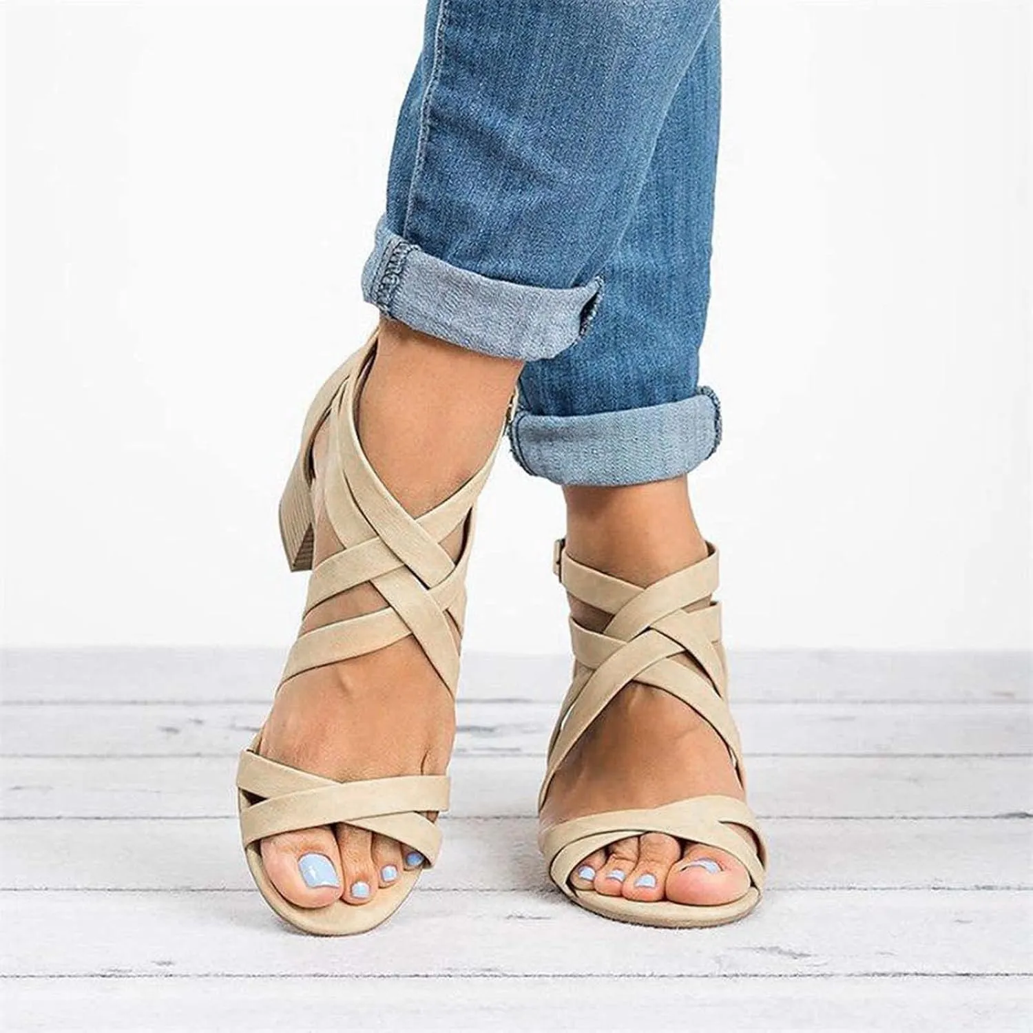 Chunky Heels Sandals for Women Summer Fashion Strappy Back Zipper Block High Heel Shoes Dressy Casual Ankle Straps Buckle Ladies Stacked Heel Shoes
