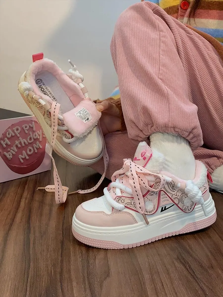 Chunky Sneakers for Women, Dopamine Color Platform Shoes, Warm & Stylish Plush Sole Sneakers, Height-Boosting & Durable for Autumn and Winter