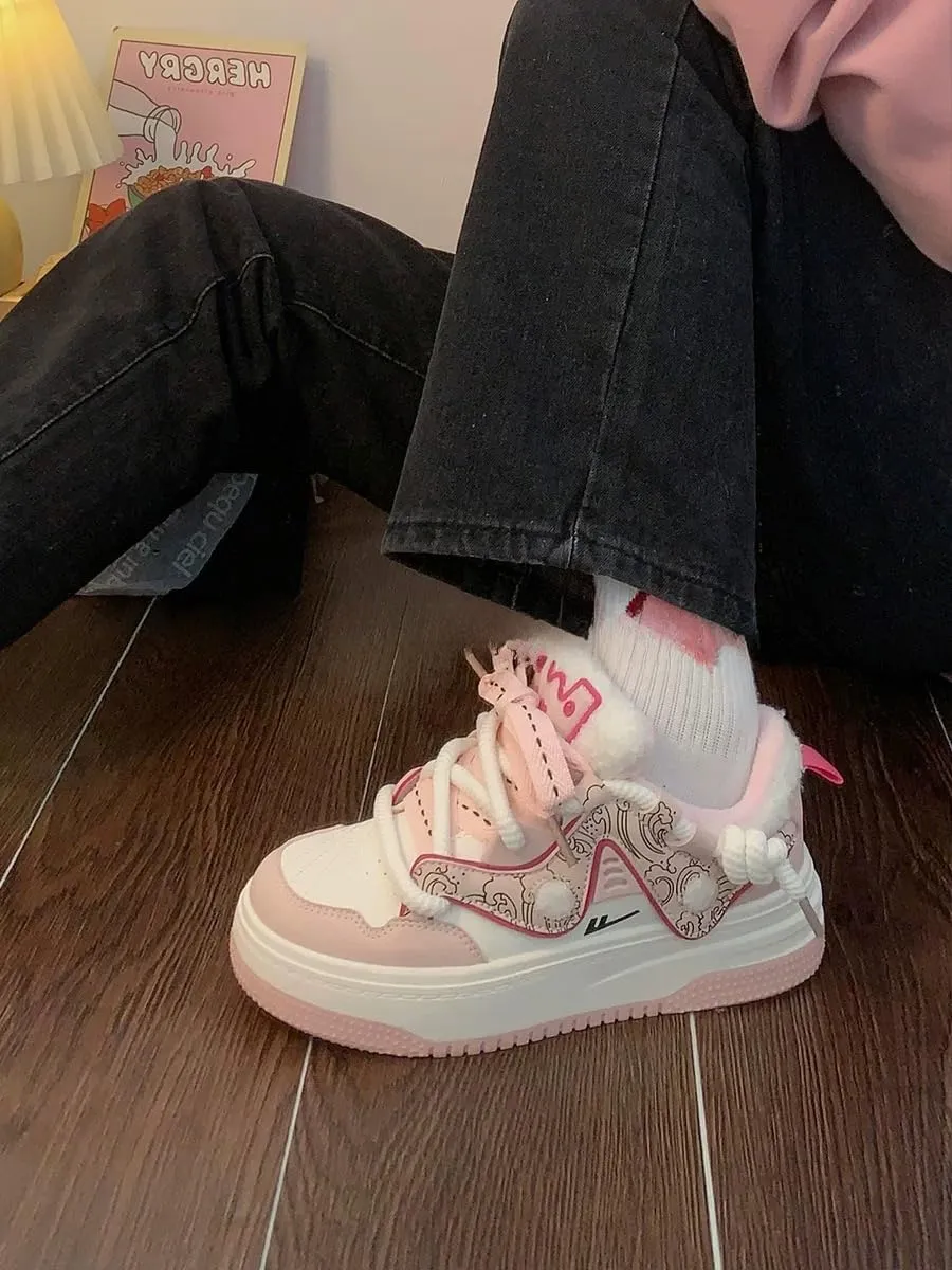 Chunky Sneakers for Women, Dopamine Color Platform Shoes, Warm & Stylish Plush Sole Sneakers, Height-Boosting & Durable for Autumn and Winter