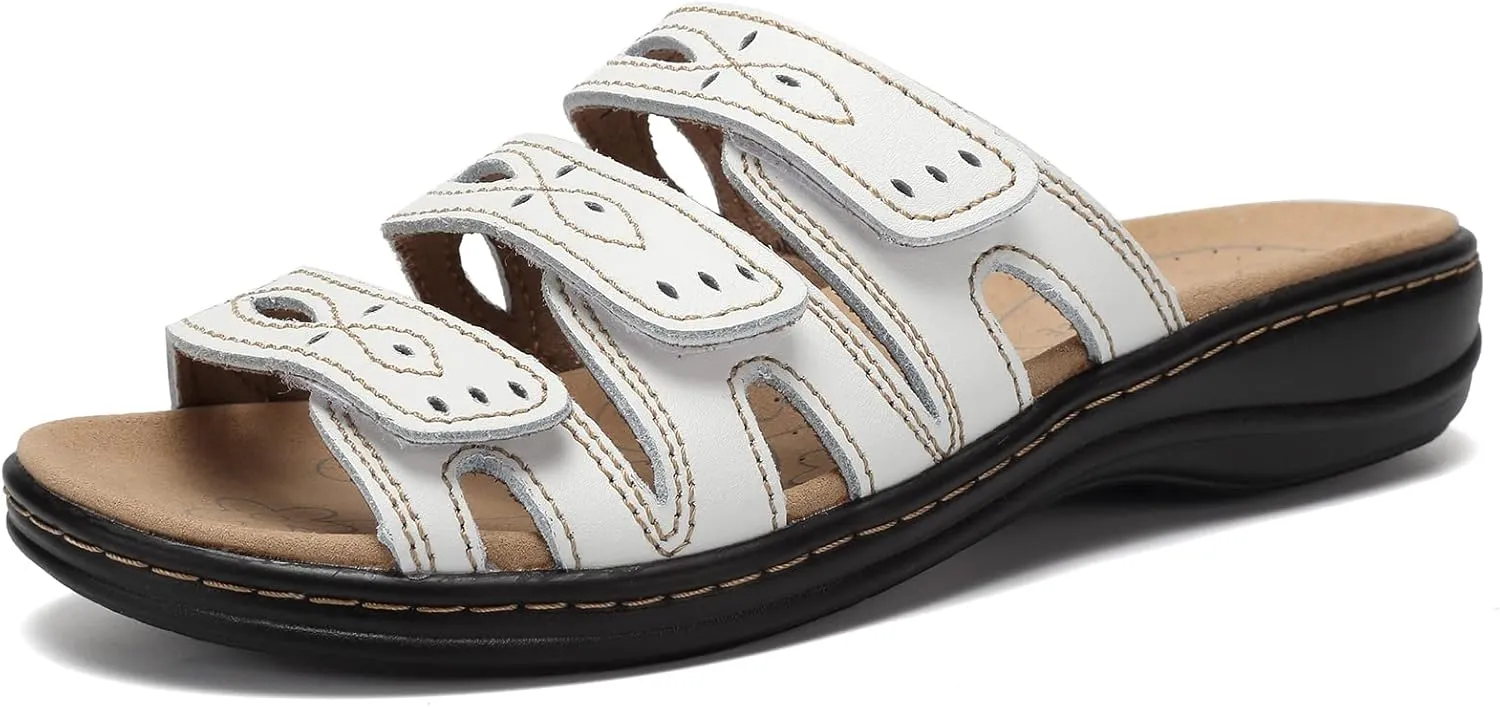 CIOR Women's Classic Leather Sandals, Black, Flat, Open Toe, Arch Support, Adjustable Strap, Casual, Water Resistant, Perfect for Beach, Street, Shopping, Dating, Vacation, Pool, Party