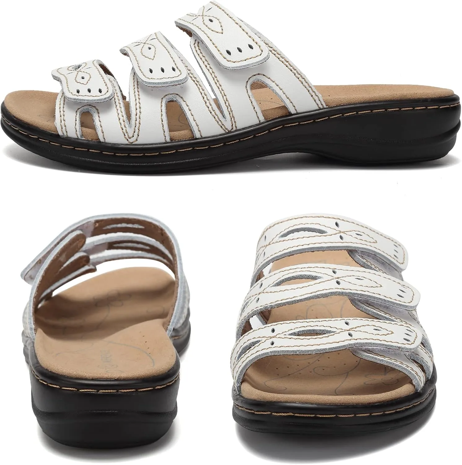 CIOR Women's Classic Leather Sandals, Black, Flat, Open Toe, Arch Support, Adjustable Strap, Casual, Water Resistant, Perfect for Beach, Street, Shopping, Dating, Vacation, Pool, Party