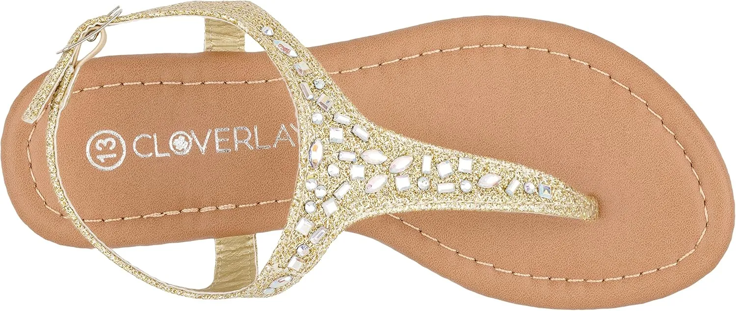 CLOVERLAY Girls Sandals Kids Gladiator Strappy Rhinestone Glitter Flat Sandals