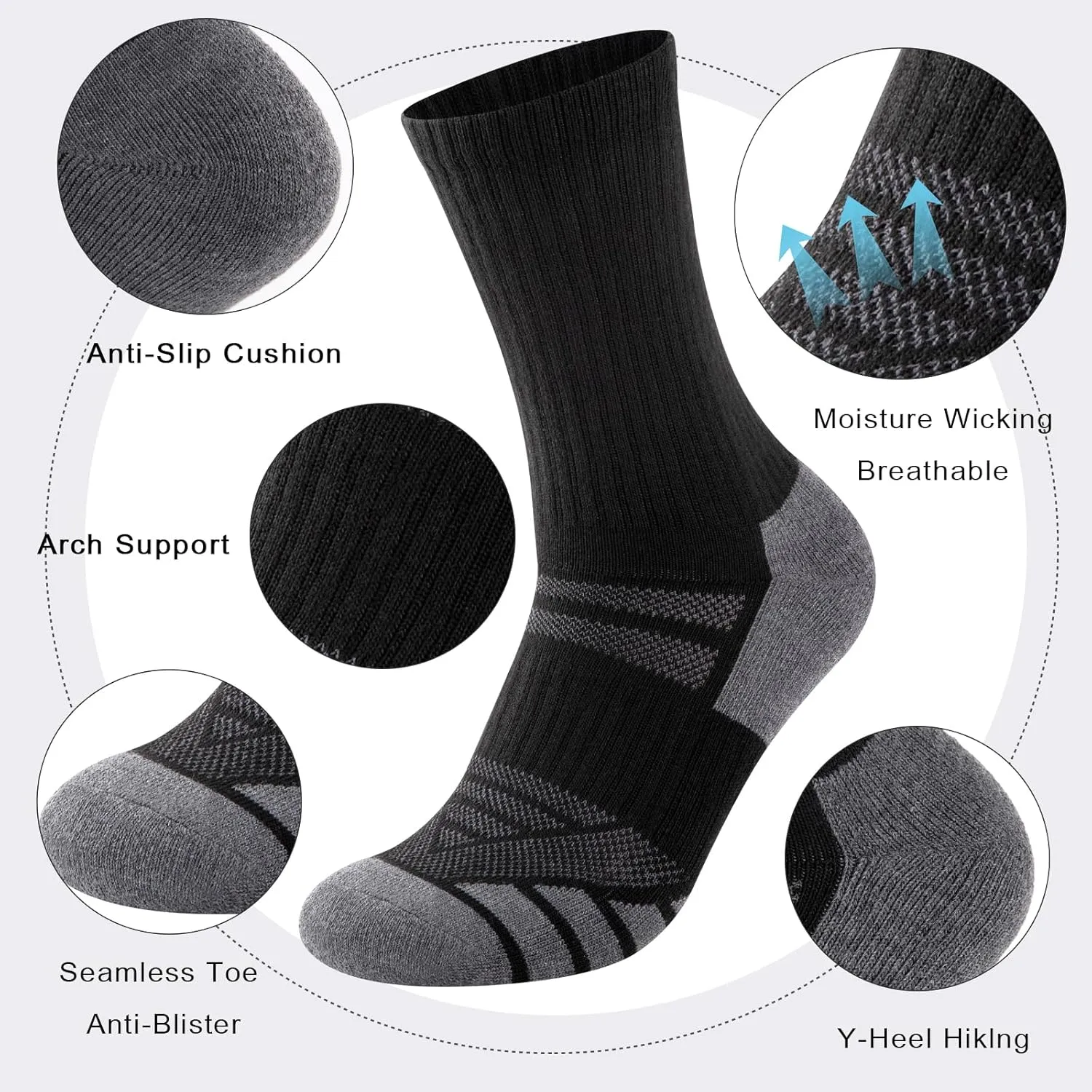 COOPLUS Mens Performance Crew Socks, Heavy Cushion Athletic Durable Work Socks for Men (5 Pairs)