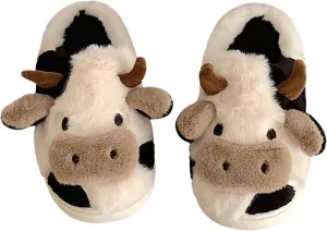 Cow Slides Slippers Unisex Adult Sandals Winter Indoor Outdoor Slippers，Cartoon Fluffy Cotton Non-Slip Slippers Cute Soft Plush Sandals