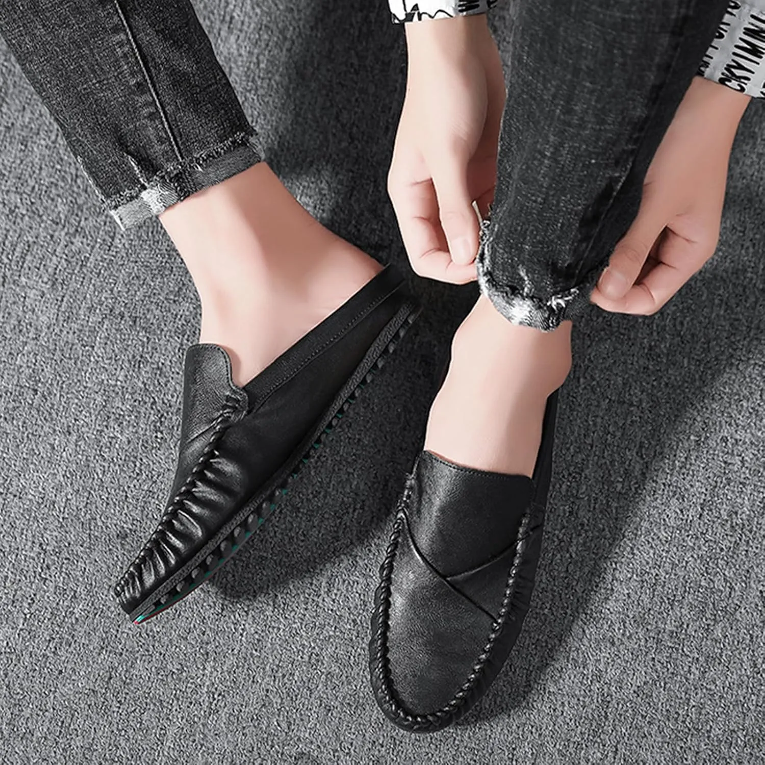 Crepuscute Men's Leather Causal Mules Lightweight Comfortable Slip On Casual Loafers Outdoor Fashion Business Dress Moccasins Driving Shoes