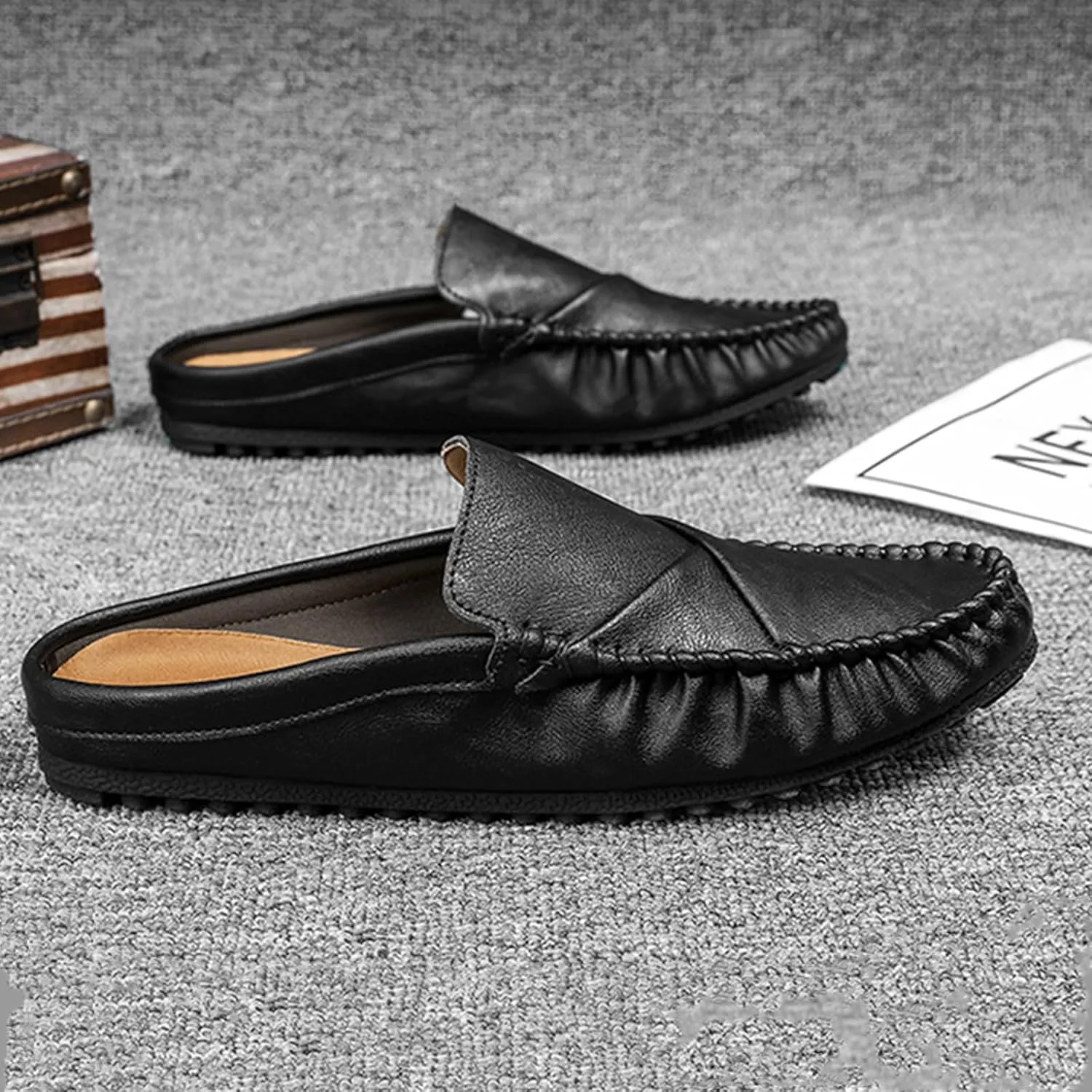 Crepuscute Men's Leather Causal Mules Lightweight Comfortable Slip On Casual Loafers Outdoor Fashion Business Dress Moccasins Driving Shoes