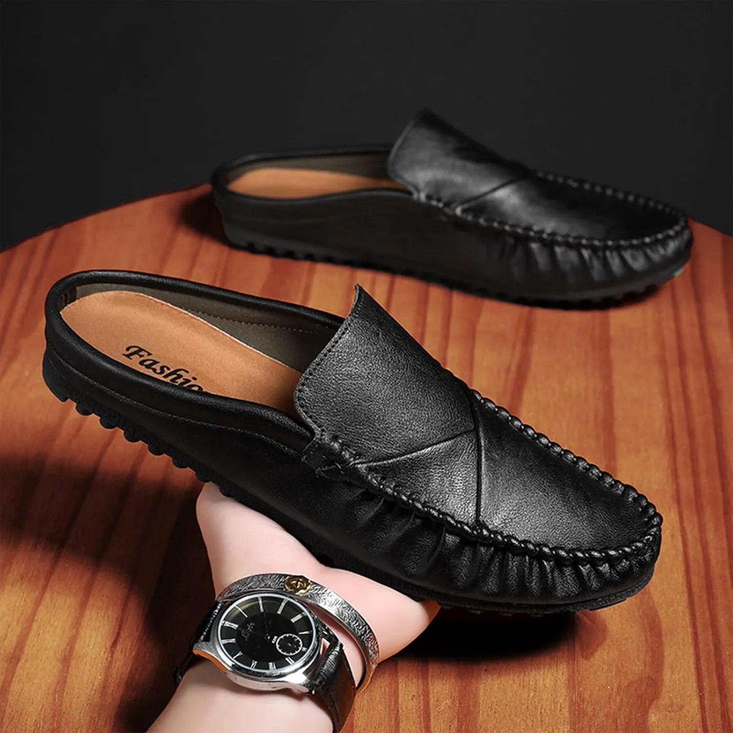 Crepuscute Men's Leather Causal Mules Lightweight Comfortable Slip On Casual Loafers Outdoor Fashion Business Dress Moccasins Driving Shoes