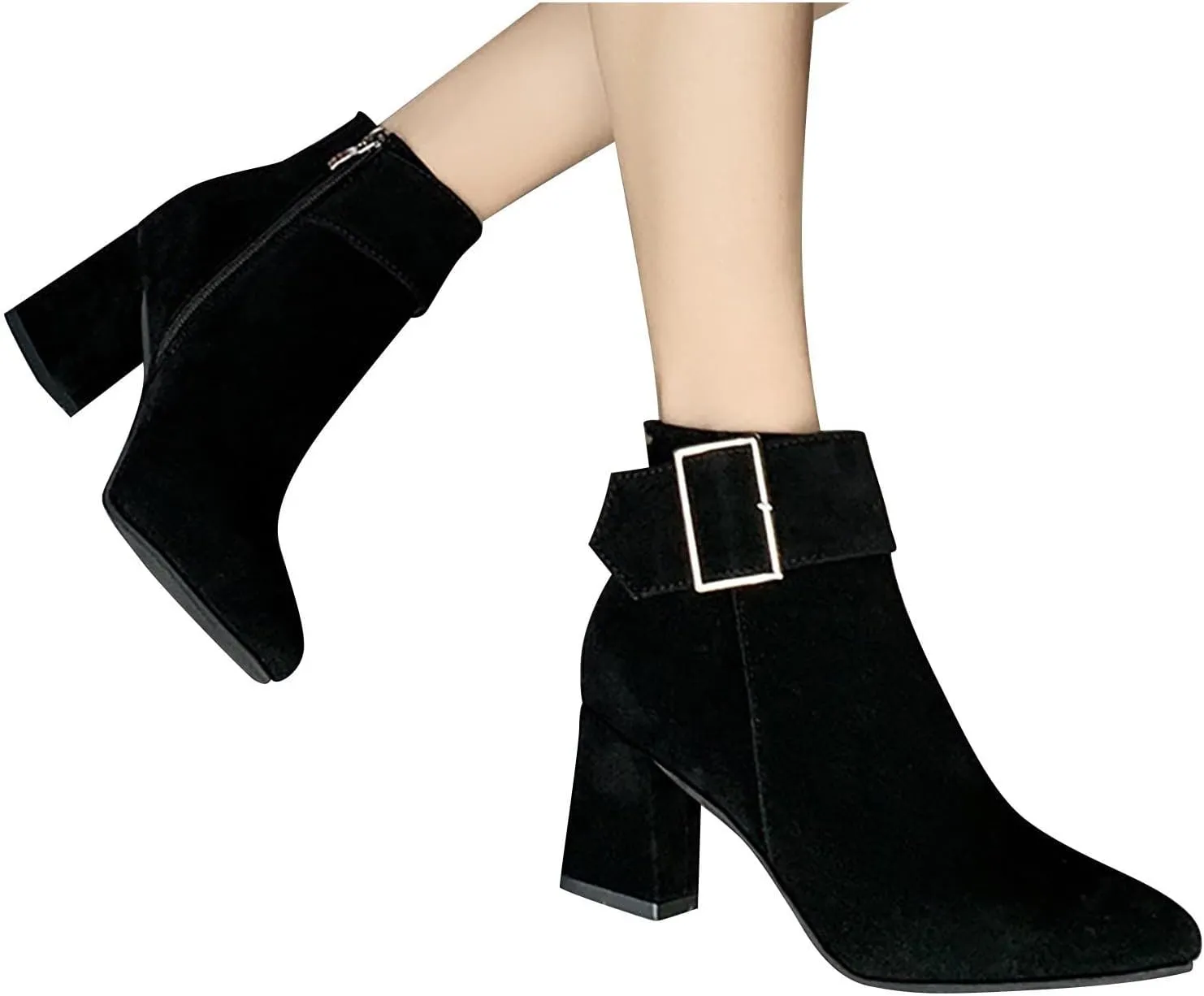 Ctreela Fashion Chunky Heel Pointed Boots Office Work Elegant Winter Ankle Boot Comfy Mid Heel Side Zip Faux Suede Booties