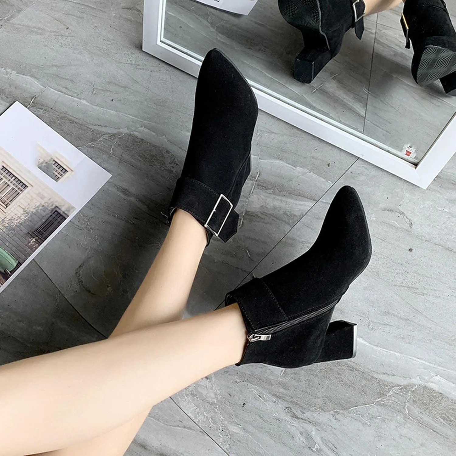 Ctreela Fashion Chunky Heel Pointed Boots Office Work Elegant Winter Ankle Boot Comfy Mid Heel Side Zip Faux Suede Booties